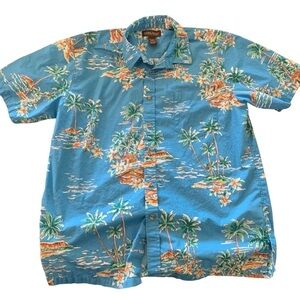 Vintage Cooke Street Hawaiian Islands Blue Tropical Print shirt Men's sz Large